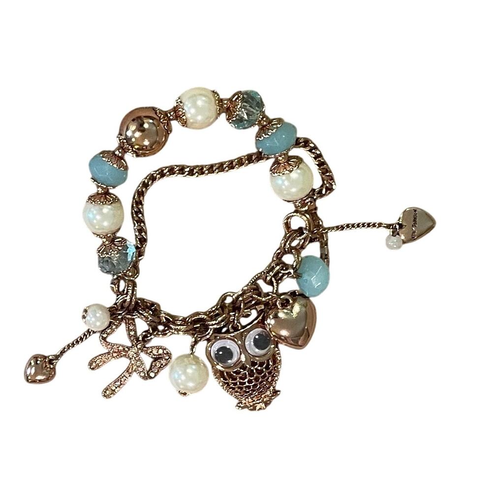 Betsey Johnson Critter Collection Owl 1/2 Stretch Charm Bracelet, Blue Beads